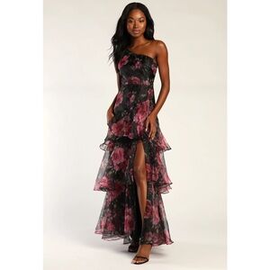 Lulus Regal Florals Black Floral Print Organza Tiered One-Shoulder Maxi Dress